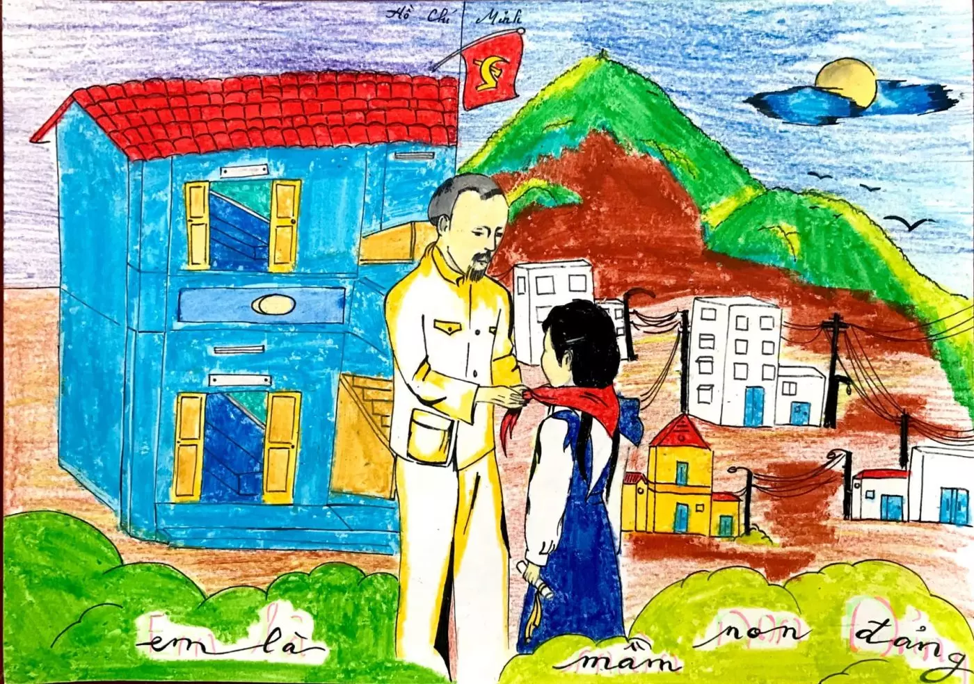 Bức tranh Bác Hồ chủ tịch đeo khăn quàng đỏ cho bạn học sinh