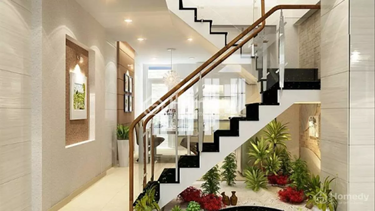Cầu thang phòng khách nhà ống có thể đặt ở trung tâm căn nhà